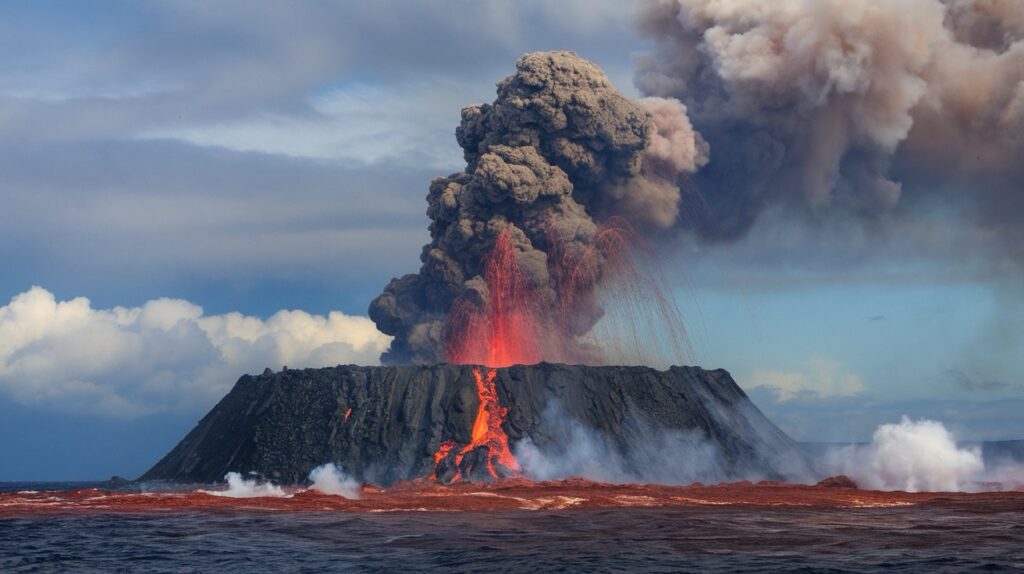 噴煙を上げる火山。爆発寸前、性的クライマックスのメタファーとして。